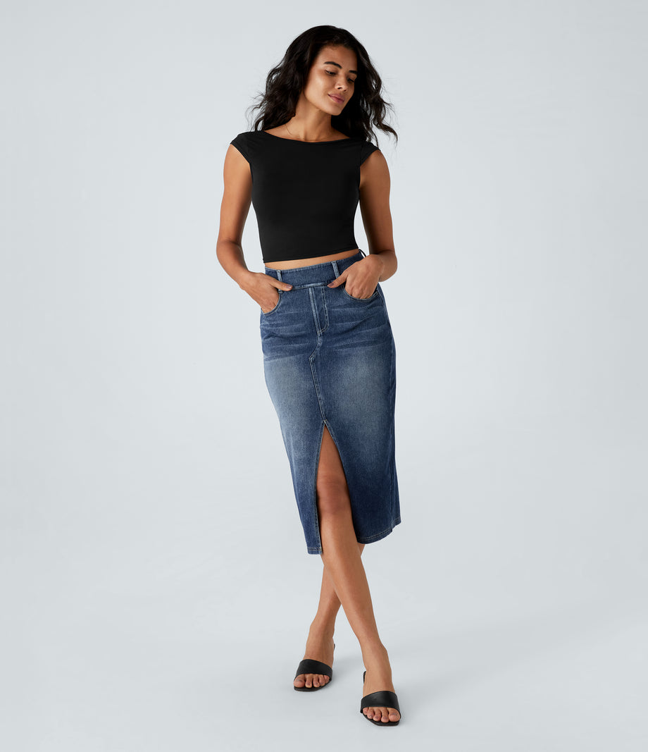 Halara Flex™ High Waisted Pockets Bodycon Washed Denim Casual Midi Skirt - Royal Blue Denim