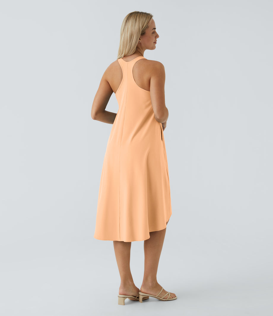 Breezeful™ Backless Racerback Side Pocket High Low Flowy Midi Quick Dry Casual Dress - Peach Orange