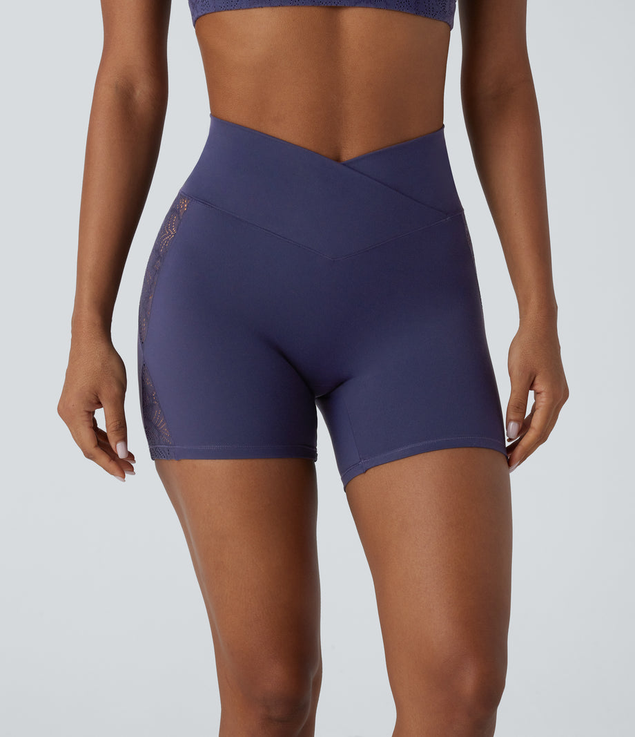 SoftlyZero™ High Waisted Crossover Contrast Lace Pocket Yoga Biker Shorts 5''-UPF50+ - Peacoat