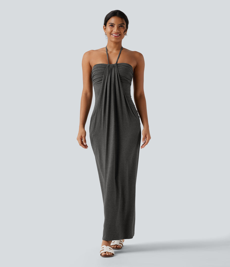 Halter Tie Back Maxi Dress with Pockets - Darl Gray Floral Yarn