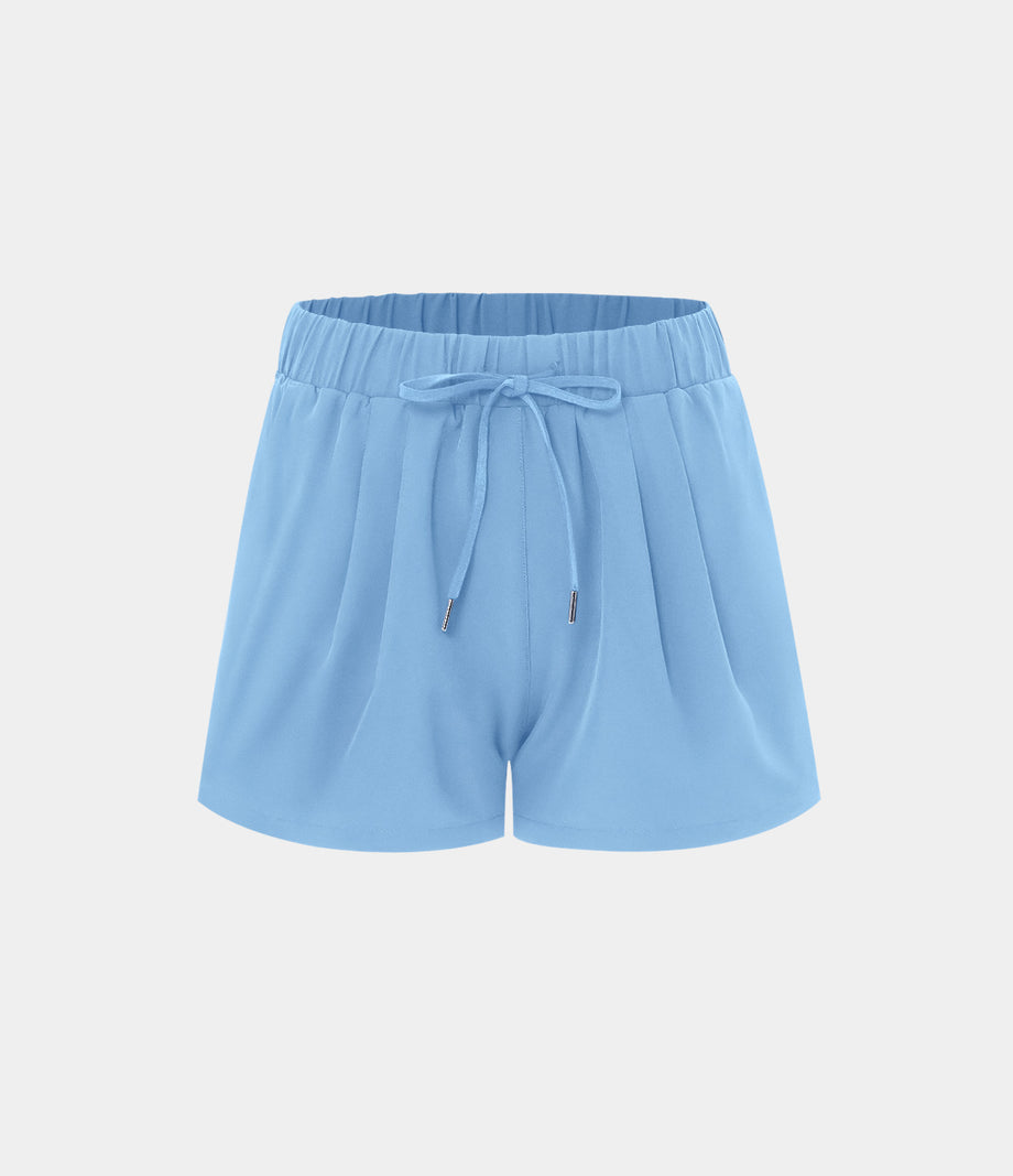 High Waisted Elastic Waistband Drawstring Pleated Yoga Shorts 3" with Pockets - Placid Blue