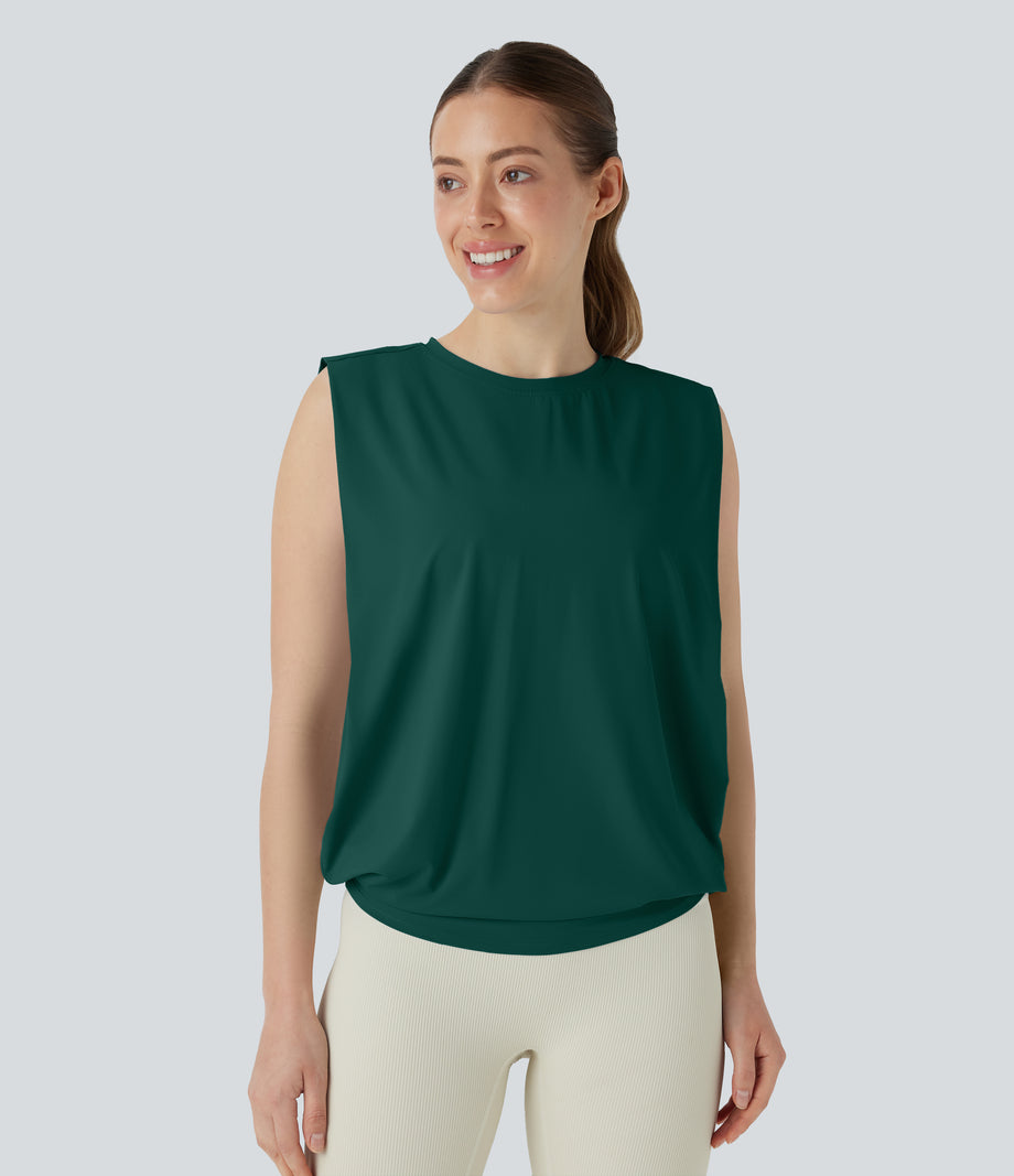 Round Neck Ruched Cool Touch Yoga Tank Top-UPF50+ - Rain Forest