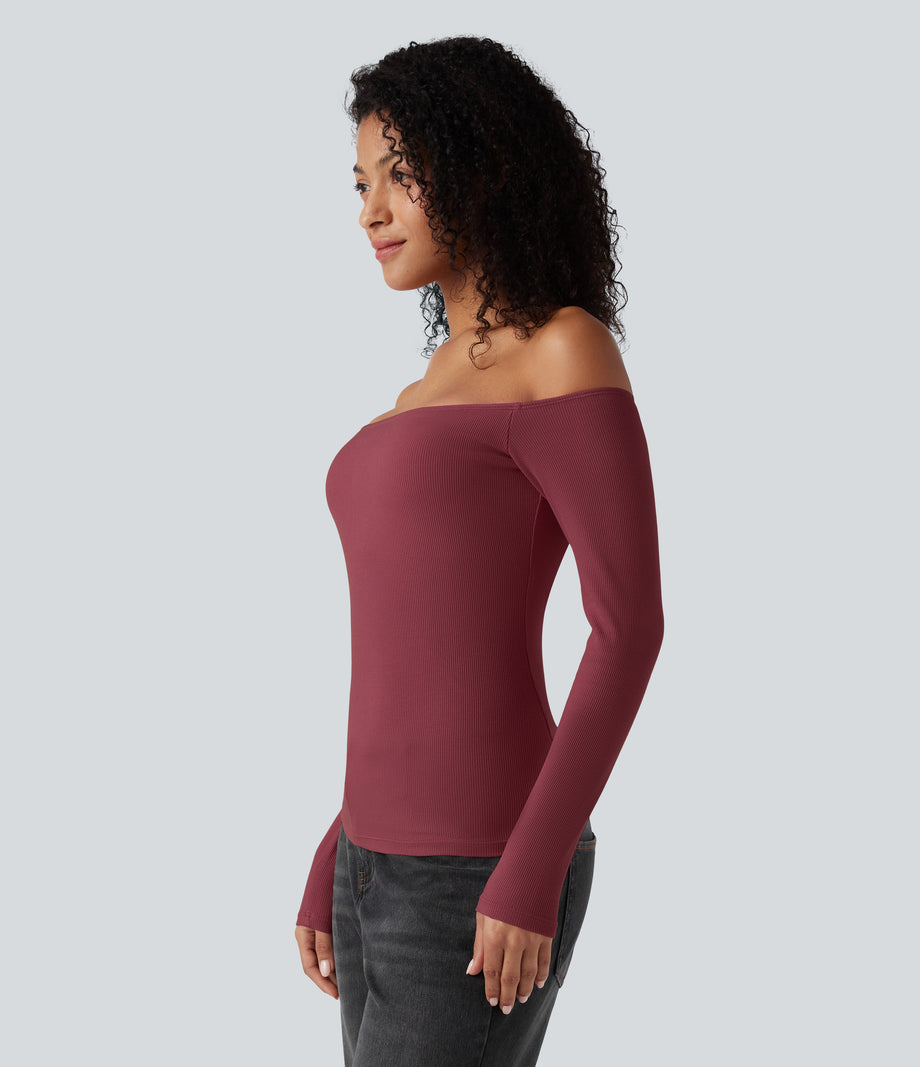 Ribbed Knit Off Shoulder Long Sleeve 2-in-1 Casual Top - Ruby Wine
