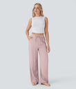 High Waisted Drawstring Pocket Wide Leg Baggy Casual Linen-Feel Pants - Mauveglow