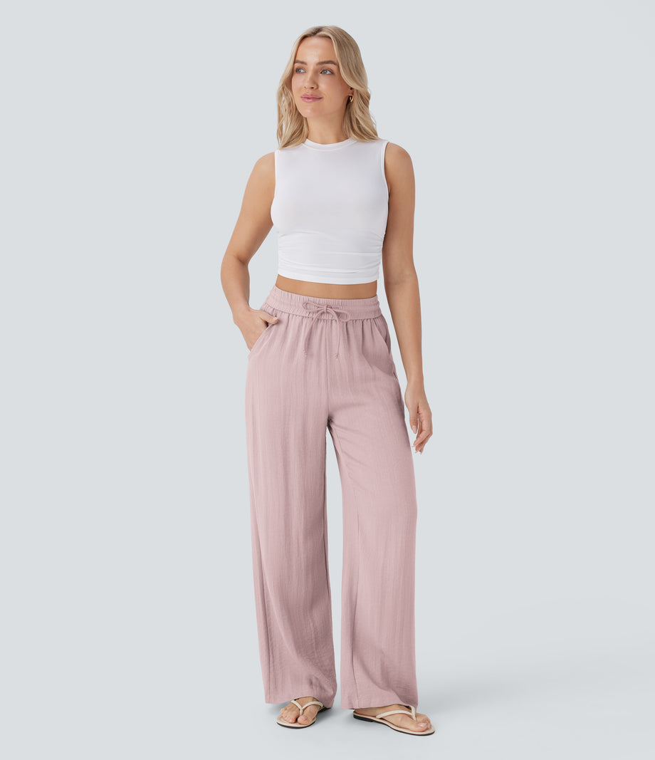 High Waisted Drawstring Pocket Wide Leg Baggy Casual Linen-Feel Pants - Mauveglow