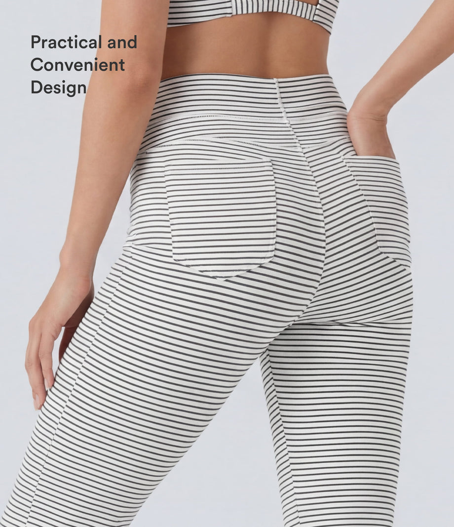 High Waisted Drawstring Stripe Flare Yoga Pants with Pockets - Zebra Ripple