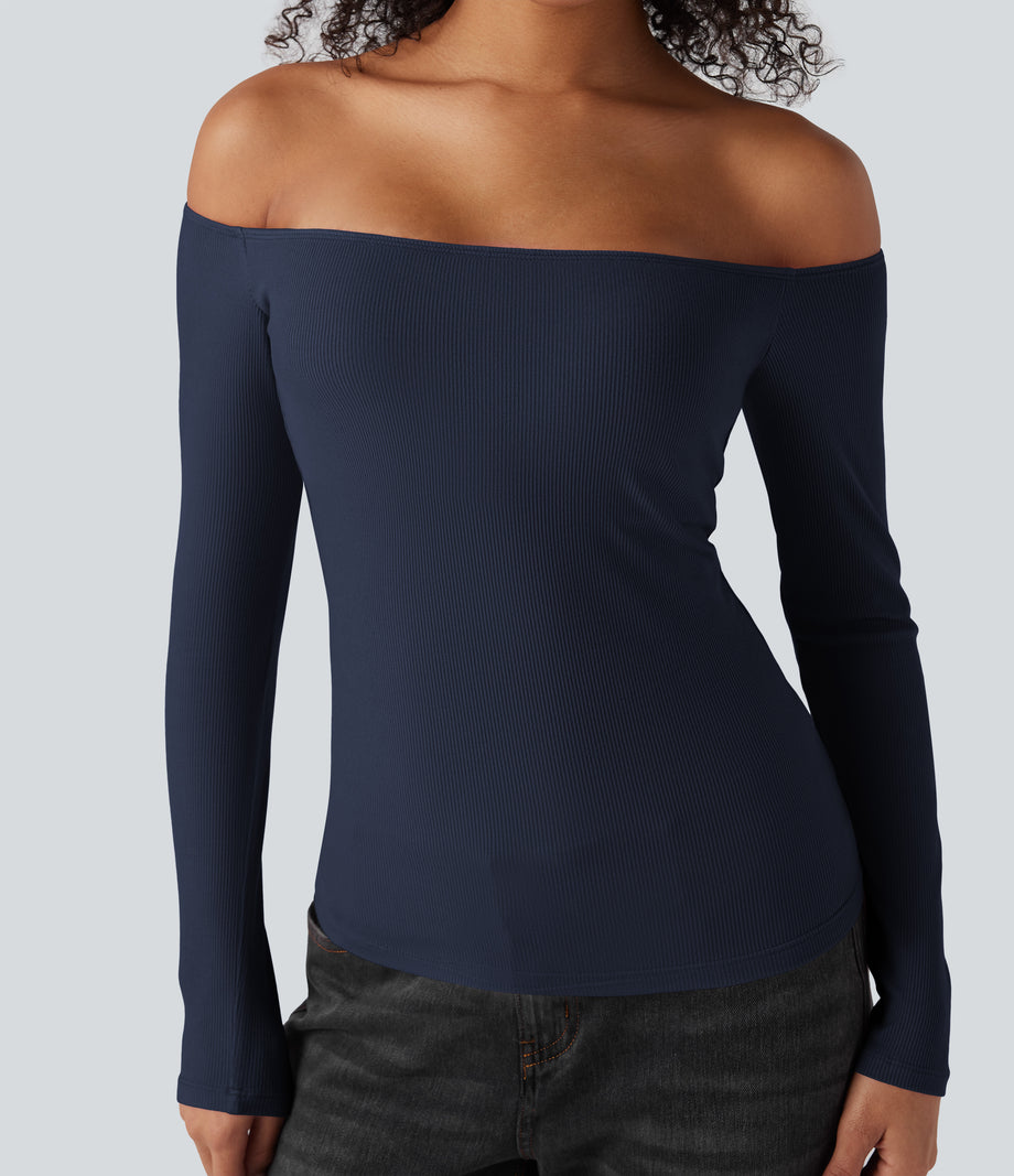Ribbed Knit Off Shoulder Long Sleeve 2-in-1 Casual Top - Naval Academy