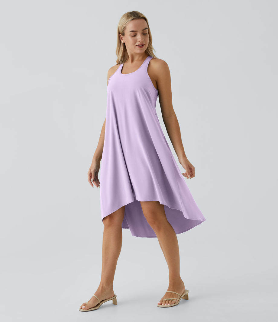 Breezeful™ Backless Racerback Side Pocket High Low Flowy Midi Quick Dry Casual Dress - Leisurely Lavender