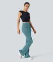 High Waisted Side Flap Pocket Flare Casual Cargo Pants - Stone Green