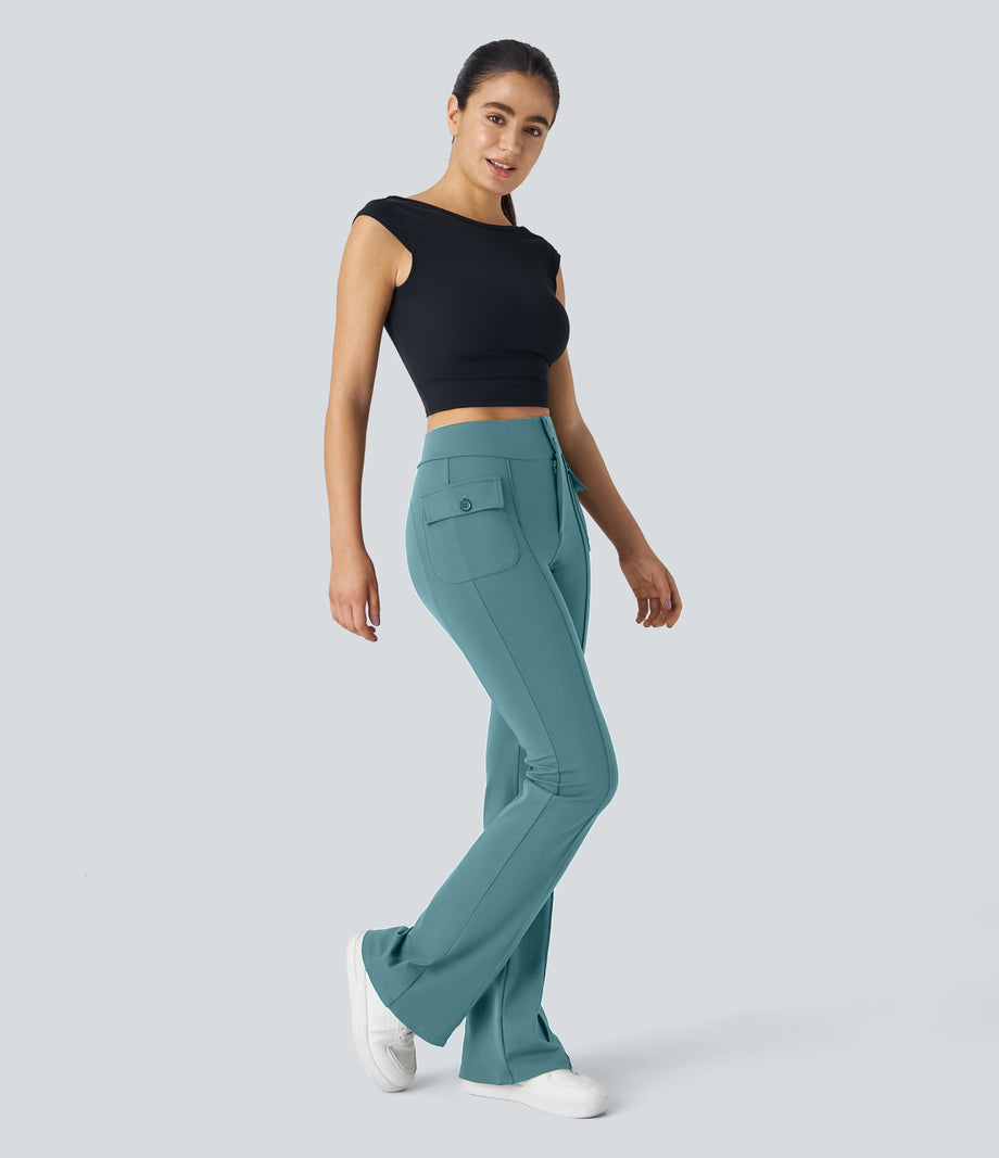 High Waisted Side Flap Pocket Flare Casual Cargo Pants - Stone Green