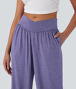 Crossover High Waisted Pocket Drawstring Casual Joggers - Light Purple Floral Yarn
