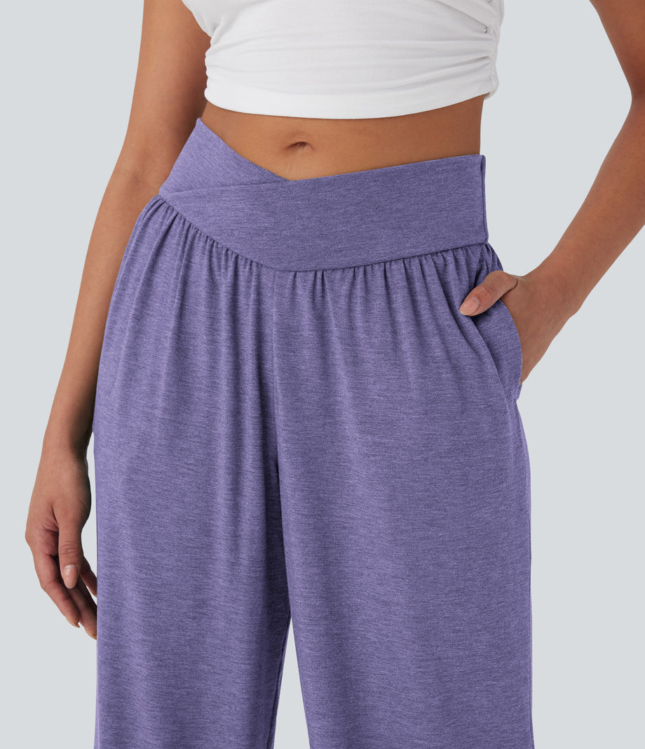 Crossover High Waisted Pocket Drawstring Casual Joggers - Light Purple Floral Yarn