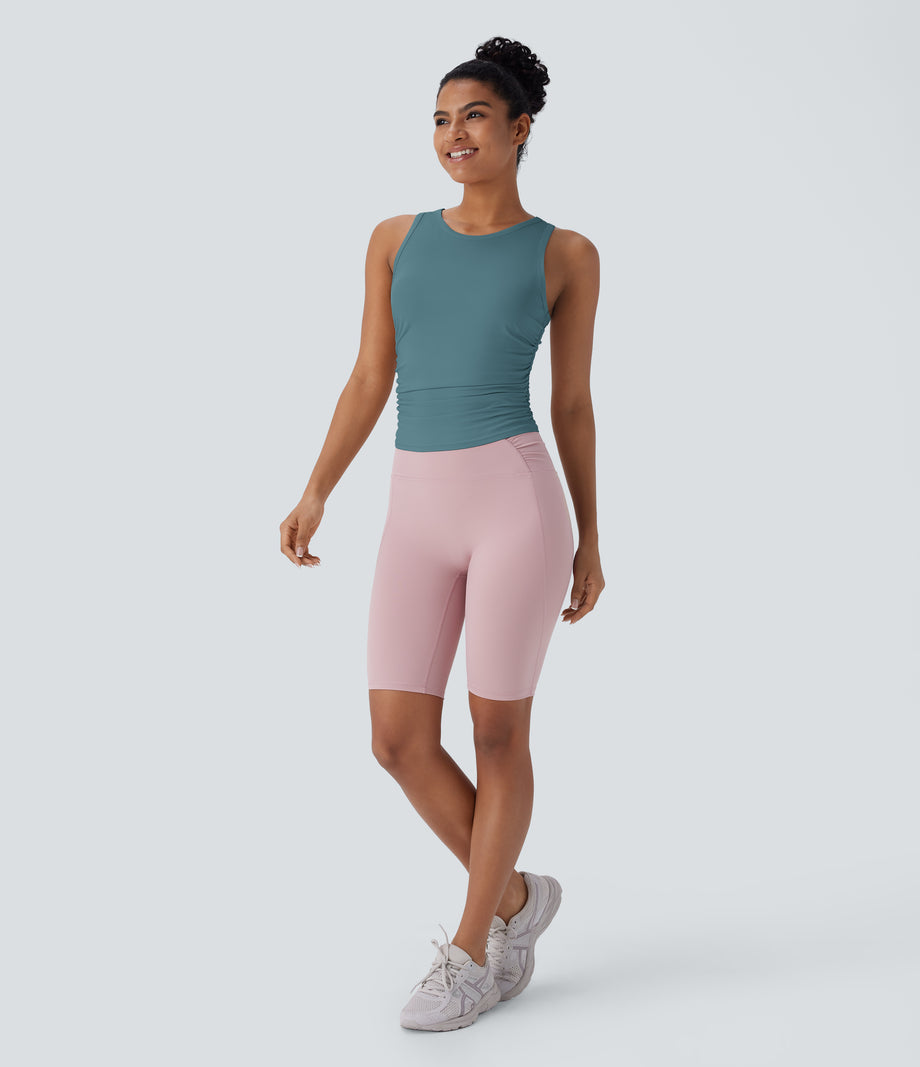 Round Neck Racerback Ruched Yoga Tank Top - Brittany Blue