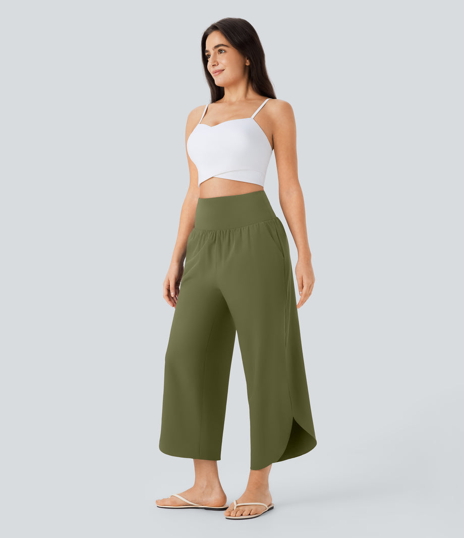 Breezeful™ High Waisted Tummy Control Split Hem Quick Dry Resort Pants with Pockets - Sphagnum