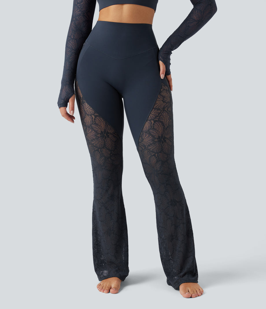 Halara UltraSculpt™ High Waisted Tummy Control Contrast Lace Yoga Flare Leggings with Pocket - Carbon