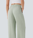 High Waisted Drawstring Pocket Wide Leg Baggy Casual Linen-Feel Pants - Pale Aqua