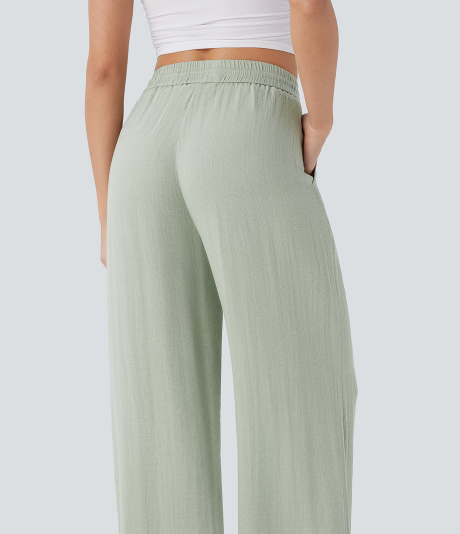 High Waisted Drawstring Pocket Wide Leg Baggy Casual Linen-Feel Pants - Pale Aqua