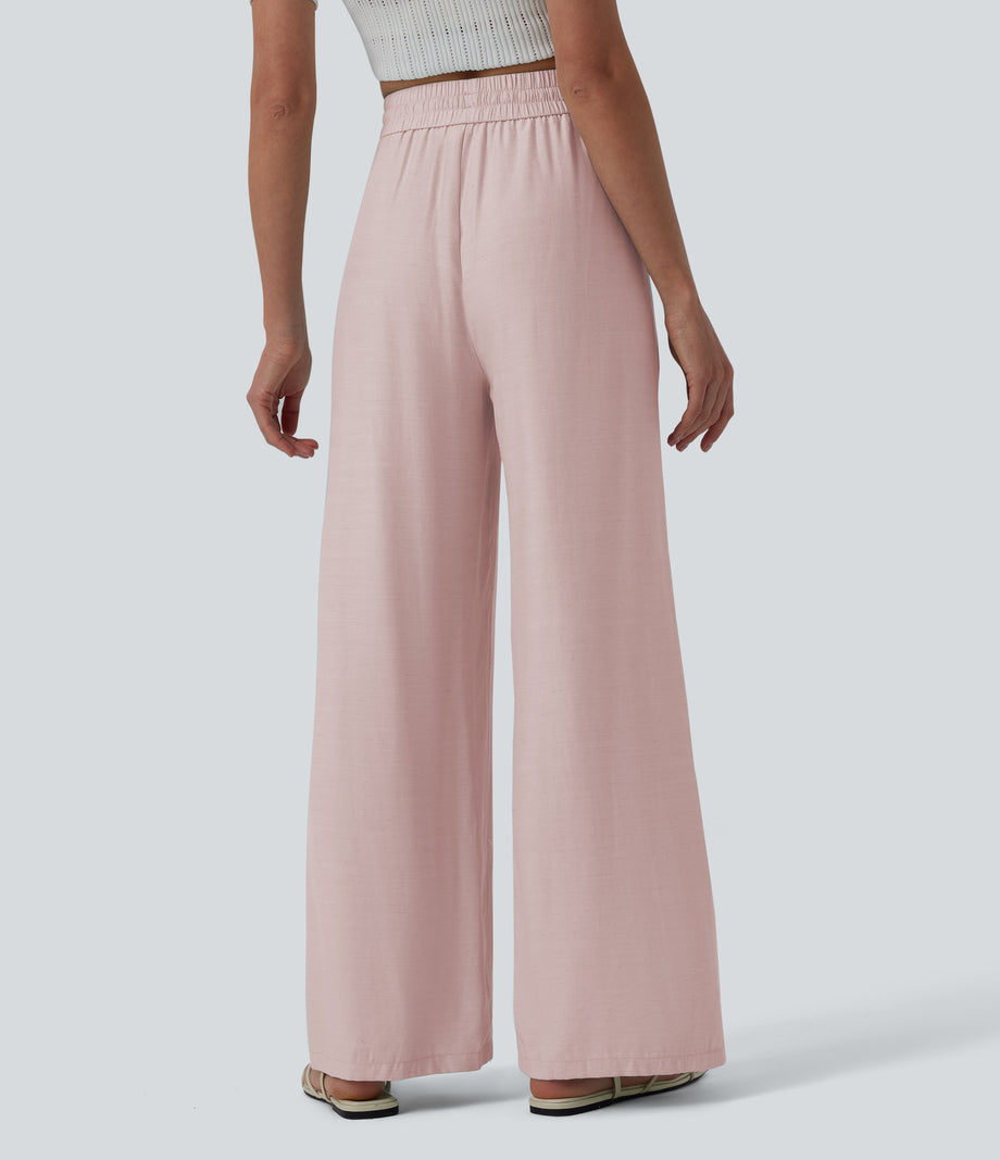 High Waisted Drawstring Wide Leg Casual Linen-Blend Pants with Pockets - Rosewater