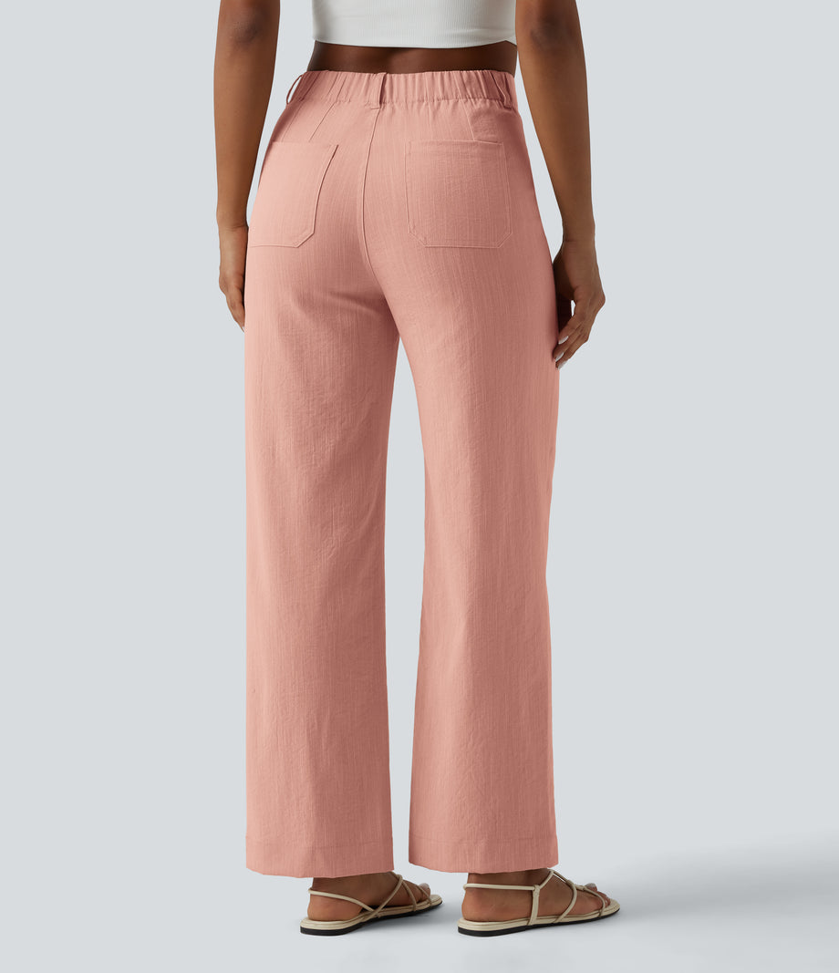 High Waisted Straight Leg Casual Linen-Feel Pants with Pockets - Terra Blush