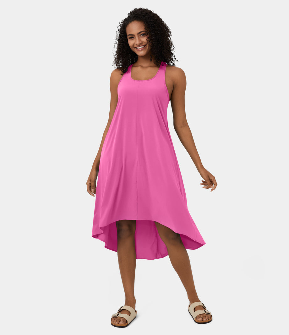 Breezeful™ Backless Racerback Side Pocket High Low Flowy Midi Quick Dry Casual Dress - Fuchsia Fedora