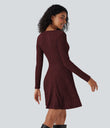 Ribbed Knit V Neck Long Sleeve Flare Mini Casual Dress with Pockets - Wine Red Floral Yarn