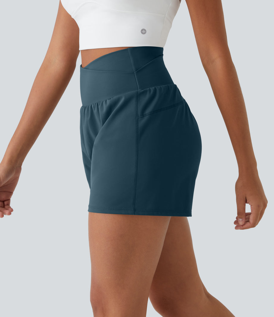 High Waisted Crossover Pocket 2-in-1 Casual Shorts - Majolica Blue