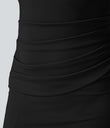 SoftlyZero™ Airy Square Neck Backless Corset Ruched Split Bodycon Midi Cool Touch Bridesmaid and Wedding Guest Dress - Black