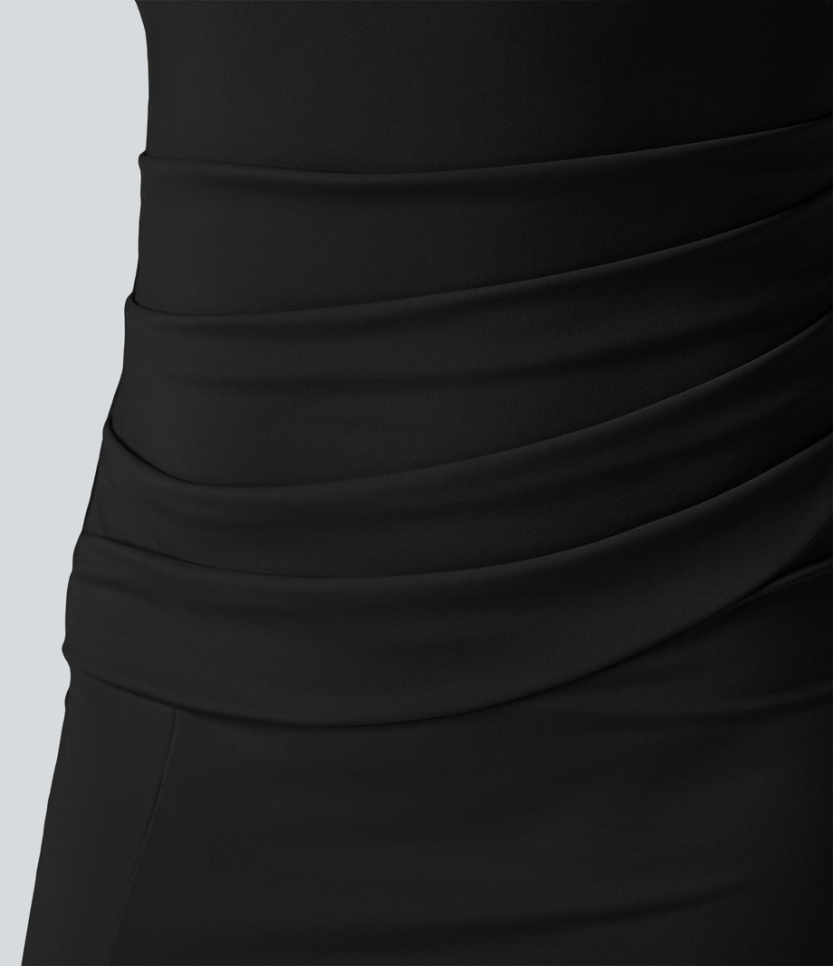 SoftlyZero™ Airy Square Neck Backless Corset Ruched Split Bodycon Midi Cool Touch Bridesmaid and Wedding Guest Dress - Black