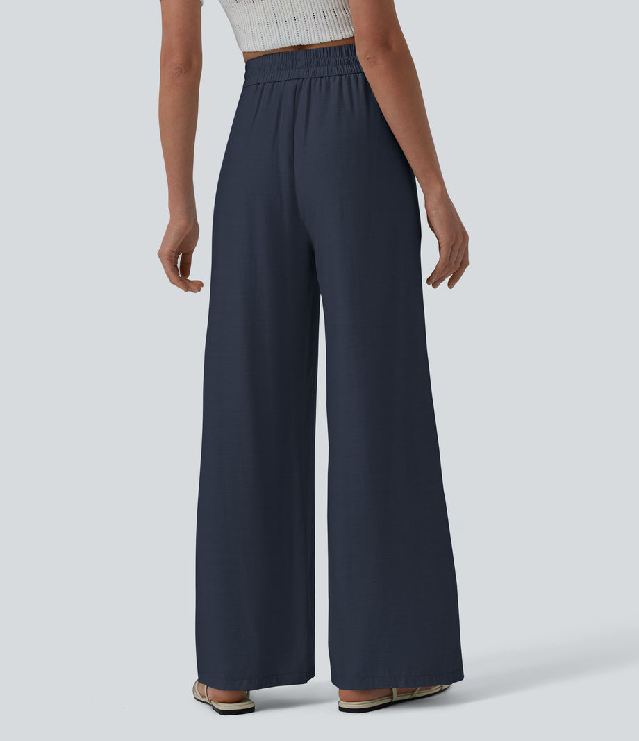 High Waisted Drawstring Wide Leg Casual Linen-Blend Pants with Pockets - Always in a Mood - Dark Blue