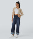 Halara Flex™ High Waisted Pockets Rolled Hem Wide Leg Washed Casual Jeans - Distressed Denim Dark Blue