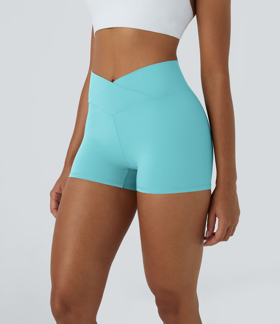 SoftlyZero™ High Waisted Crossover Plain Yoga Biker Shorts 3''-UPF50+ - Island Paradise