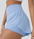 SoftlyZero™ QuickDry High Waisted Tummy Control Reflective Dots Crossover Hem 2-in-1 Running Shorts 3'' with Pockets - Sky Blue