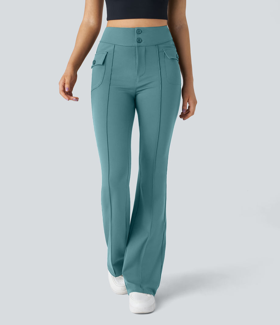 High Waisted Side Flap Pocket Flare Casual Cargo Pants - Stone Green