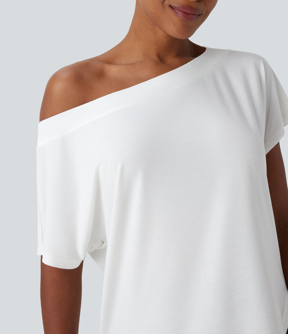 One Shoulder Short Sleeve Curved Hem High Low Quick Dry Yoga Sports Top - White