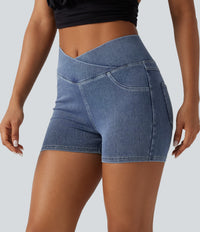 Halara Flex™ High Waisted Crossover Pocket Denim Casual Shorts 3" - Ice Crevice Denim