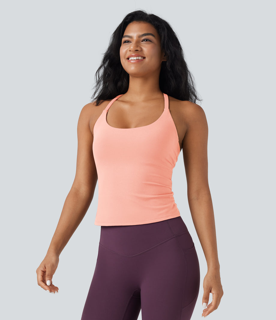 Scoop Neck Crisscross Back Crossover Hem Yoga Cami Top - Blush Pink