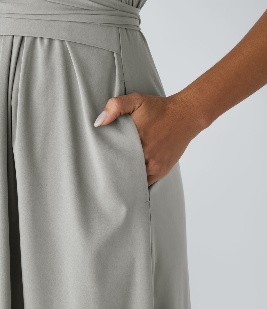 Breezeful™ V Neck Short Sleeve Pocket Tie Back Quick Dry Midi Casual Dress-Longer Length - Dust Gray