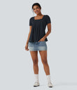 Square Neck Short Sleeve Casual Top - Dark Sapphire