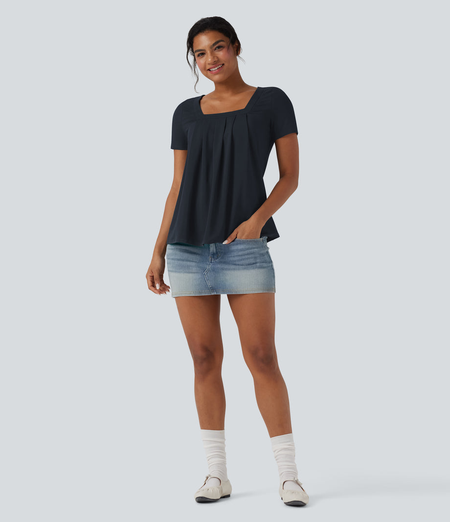 Square Neck Short Sleeve Casual Top - Dark Sapphire