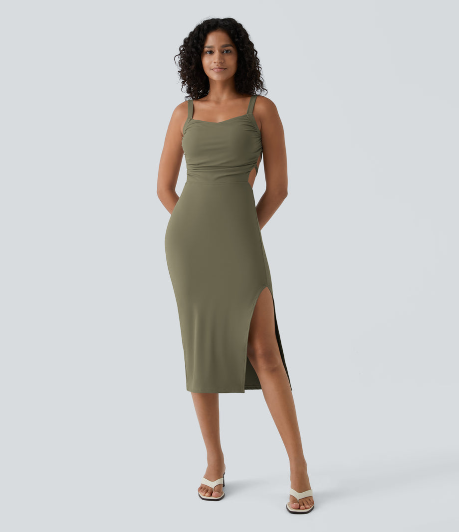 Ruched Lace Up Bodycon Midi Casual Dress - Withered Green
