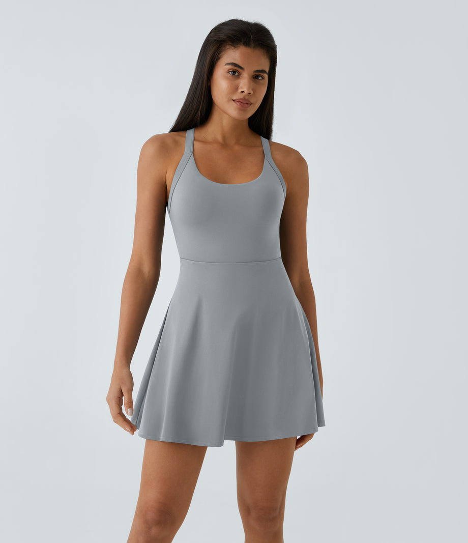 SoftlyZero™ Airy Backless Twisted Flare Low Support Dance Active Dress-Longer Length-Easy Peezy Edition A-D Cups - Quarry