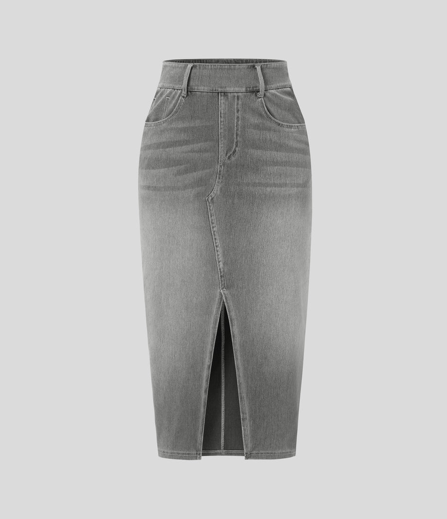Halara Flex™ High Waisted Pockets Bodycon Washed Denim Casual Midi Skirt - Black Iron Gray Denim