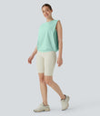Round Neck Ruched Cool Touch Yoga Tank Top-UPF50+ - Honeydew
