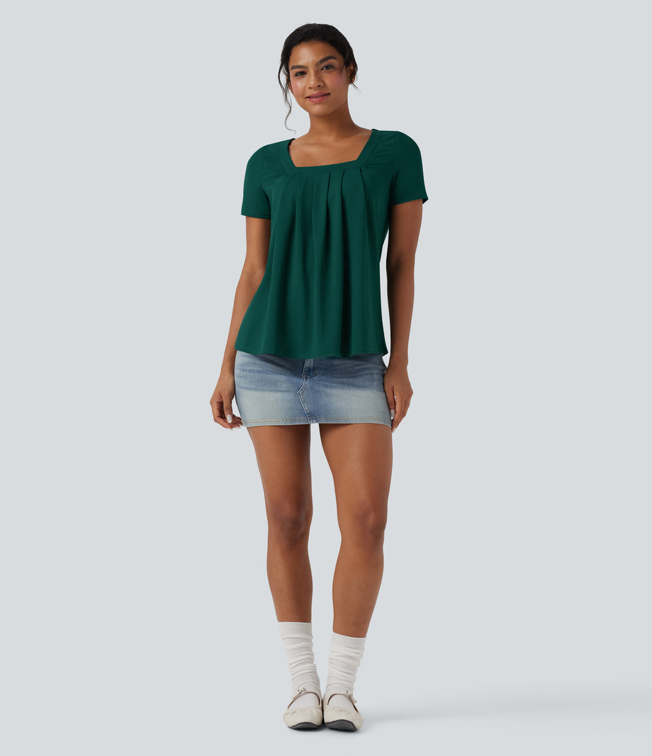 Square Neck Short Sleeve Casual Top - Rain Forest