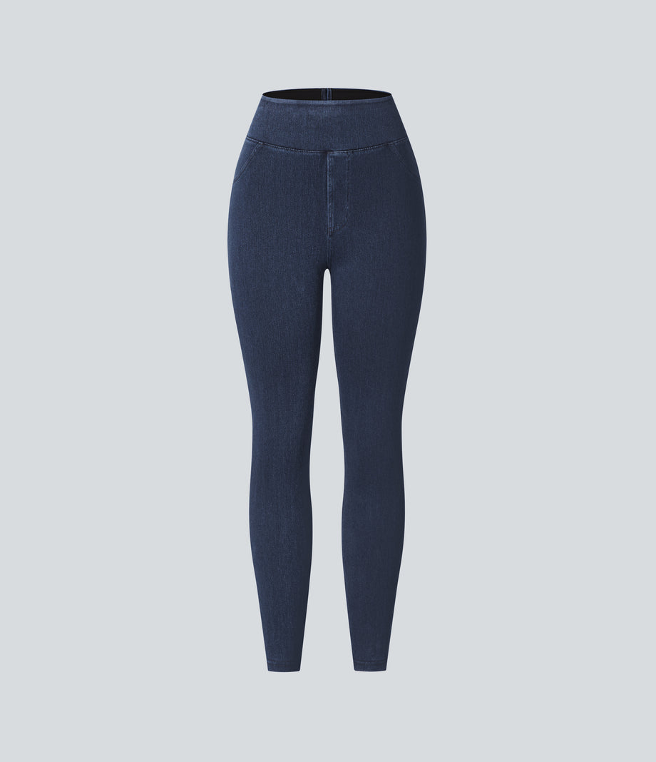 Halara Flex™ High Waisted Pocket Denim Casual Leggings - Washed Denim Navy Blue