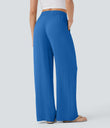 High Waisted Drawstring Pocket Wide Leg Baggy Casual Linen-Feel Pants - Strong Blue