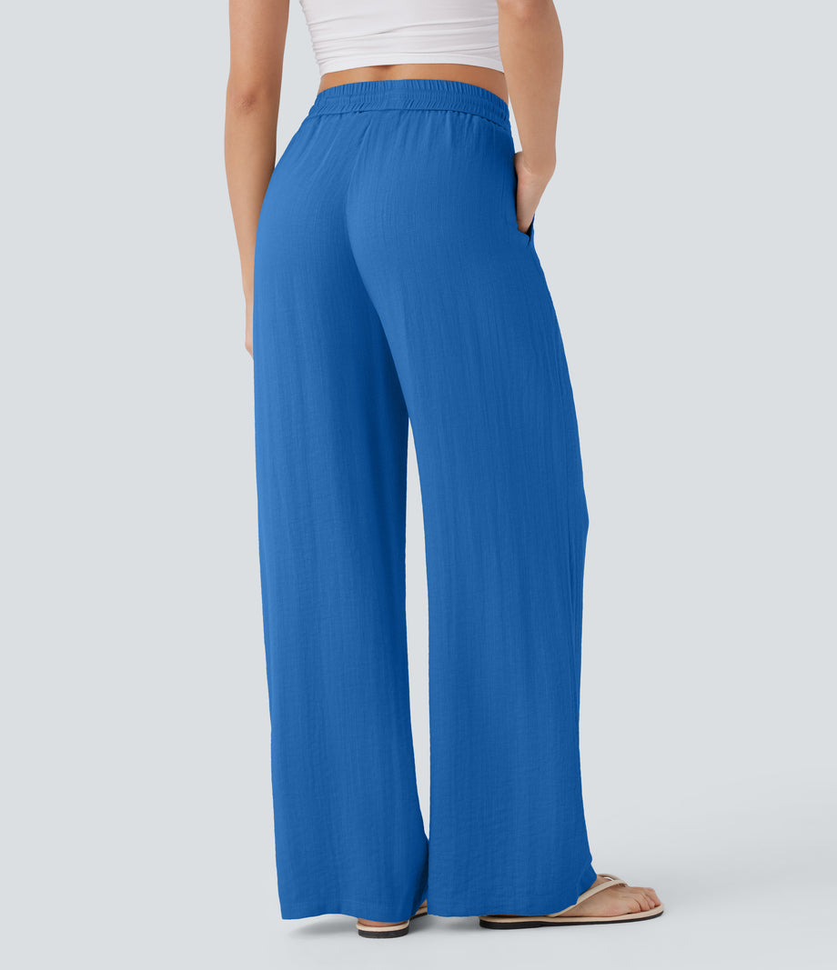 High Waisted Drawstring Pocket Wide Leg Baggy Casual Linen-Feel Pants - Strong Blue