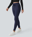 SoftlyZero™ Plush High Waisted Drawstring Pocket Plain Full Length Joggers - Peacoat