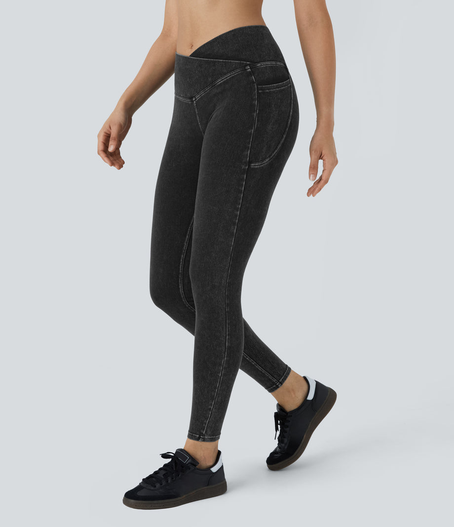 Halara Flex™ Crossover Pocket Washed Denim Work Leggings - Hemp Rope Black Denim