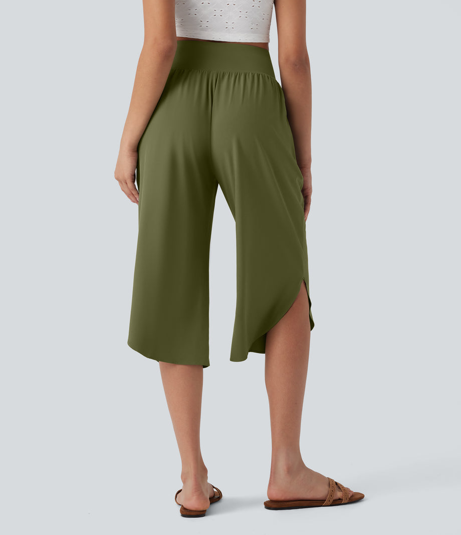 Breezeful™ High Waisted Tummy Control Hem Quick Dry Capri Pants with Pockets - Sphagnum